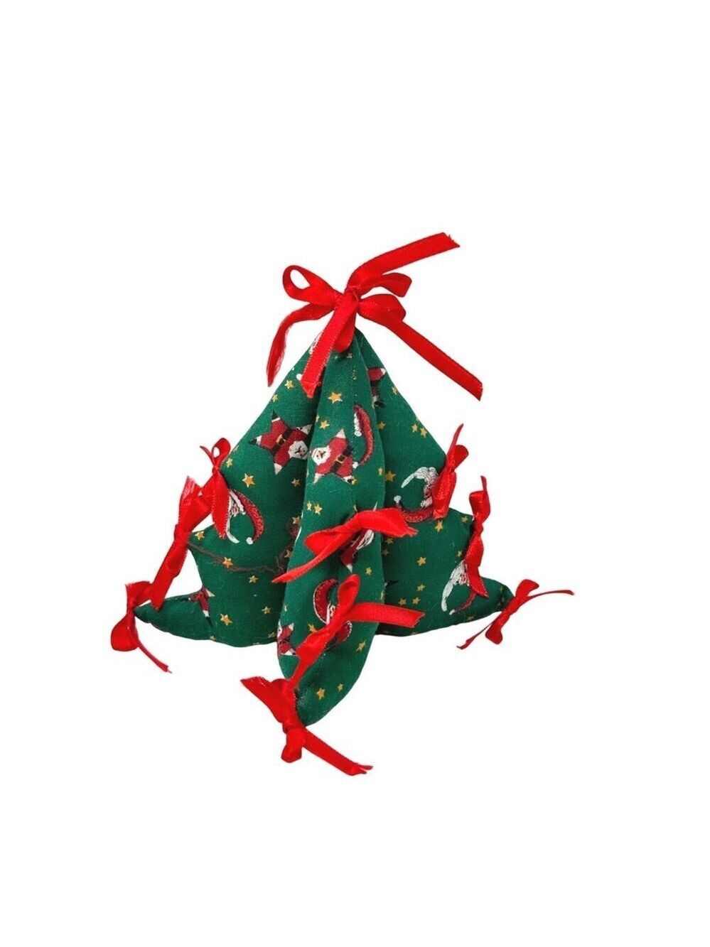 Vintage Fabric Christmas Tree Santa Red Ribbon Holiday 6 In Tiered Tray Decor